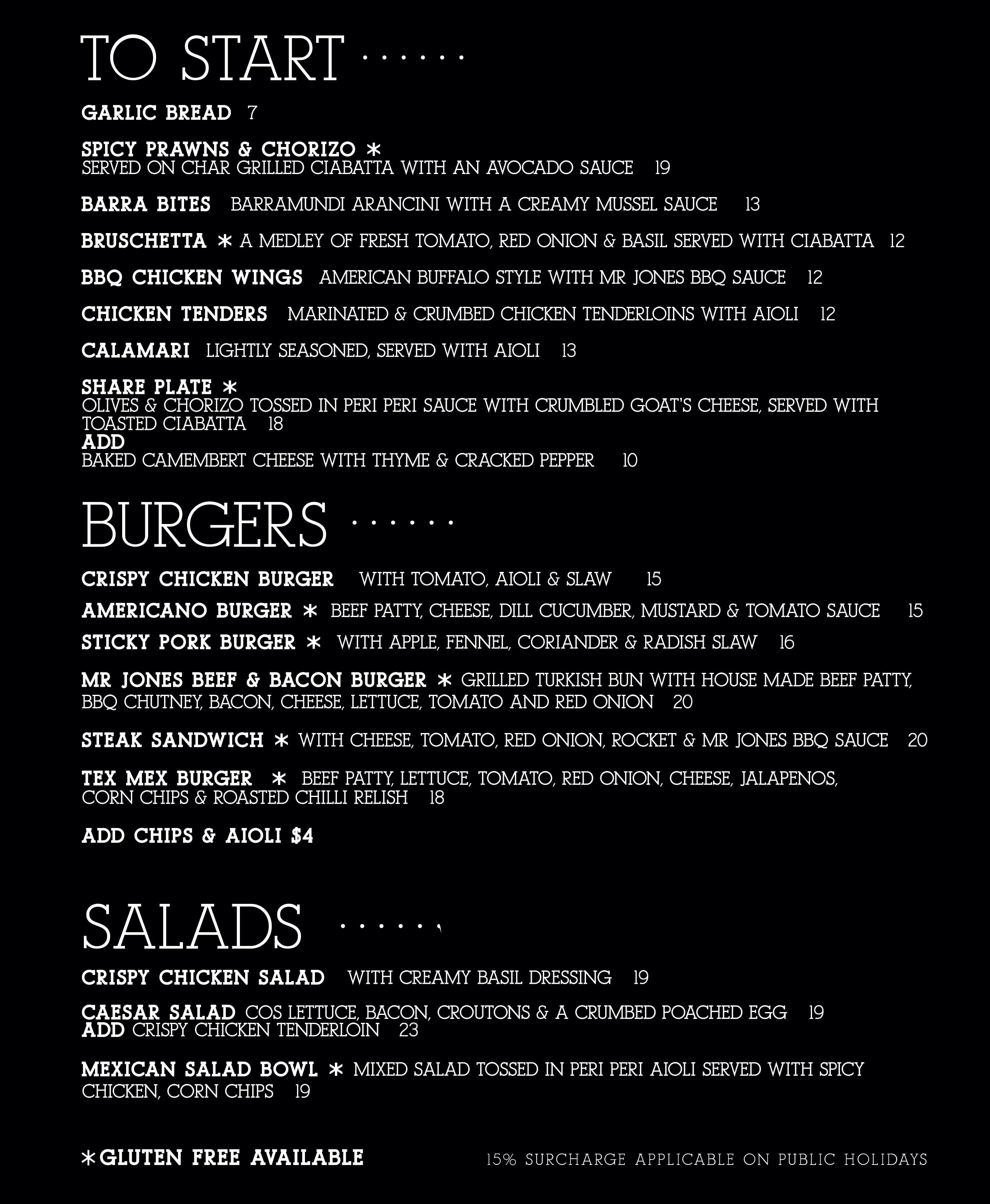 Dinner Menu Mr Jones and Me Restaurant Bar & Grill