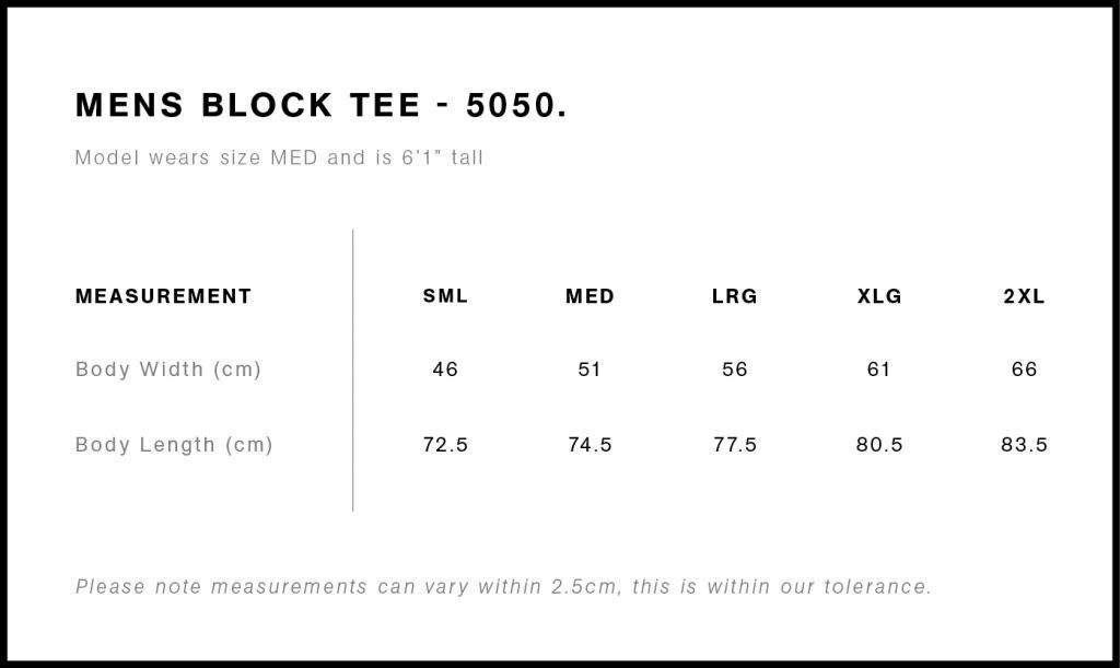 Size Guide Mens Block Tee S 2xl