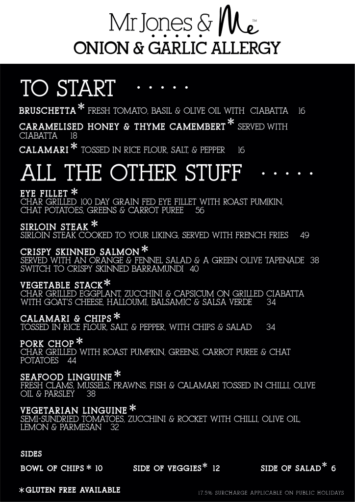 Dietary Menus Mr Jones and Me Restaurant Bar & Grill