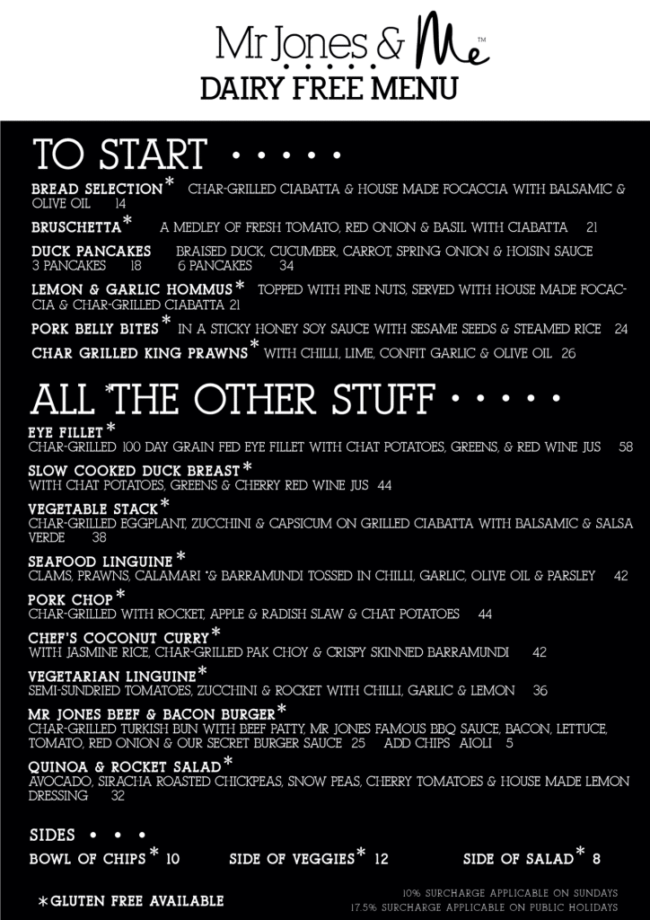 Dairy Free Menu